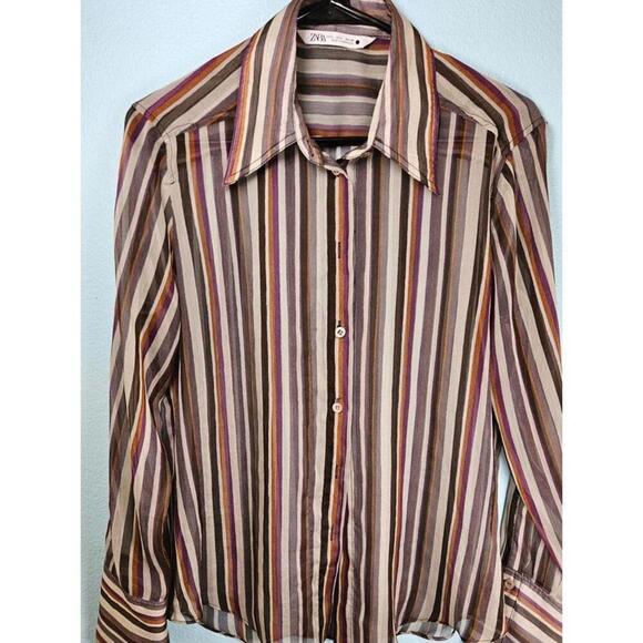 Zara Women's Sheer Striped Button-Up Collared Shirt Size Large - Picture 8 of 8